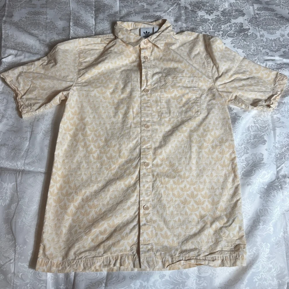Men's Adidas Casual Button Down Shirt S Beige White